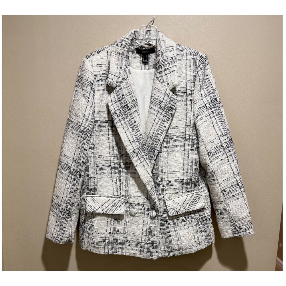 Forever 21 Boucle Plaid Tailored Black WHT Jacket Double Breasted Blazer Coat M